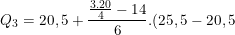 \dpi{100} \small Q_3=20,5+\frac{\frac{3.20}{4}-14}{6}.(25,5-20,5)=21,3